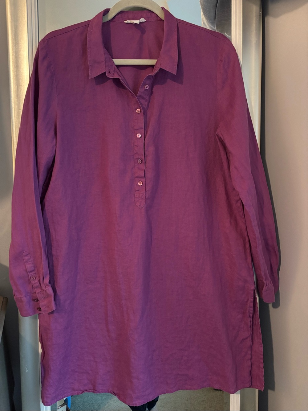 Eileen Fisher Linen Long-Sleeve Tunic Relaxed Shirt Raspberry/Pink Half Button M